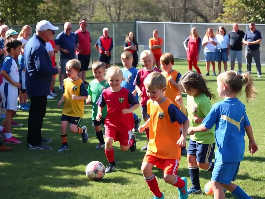 A vibrant image showing children participating in a soccer game organized by ASSO SPORT ET CULTURE LA GILLES DE RETZ, with coaches and parents cheering from the sidelines. The scene captures the energy and teamwork fostered by the association's sports programs.
