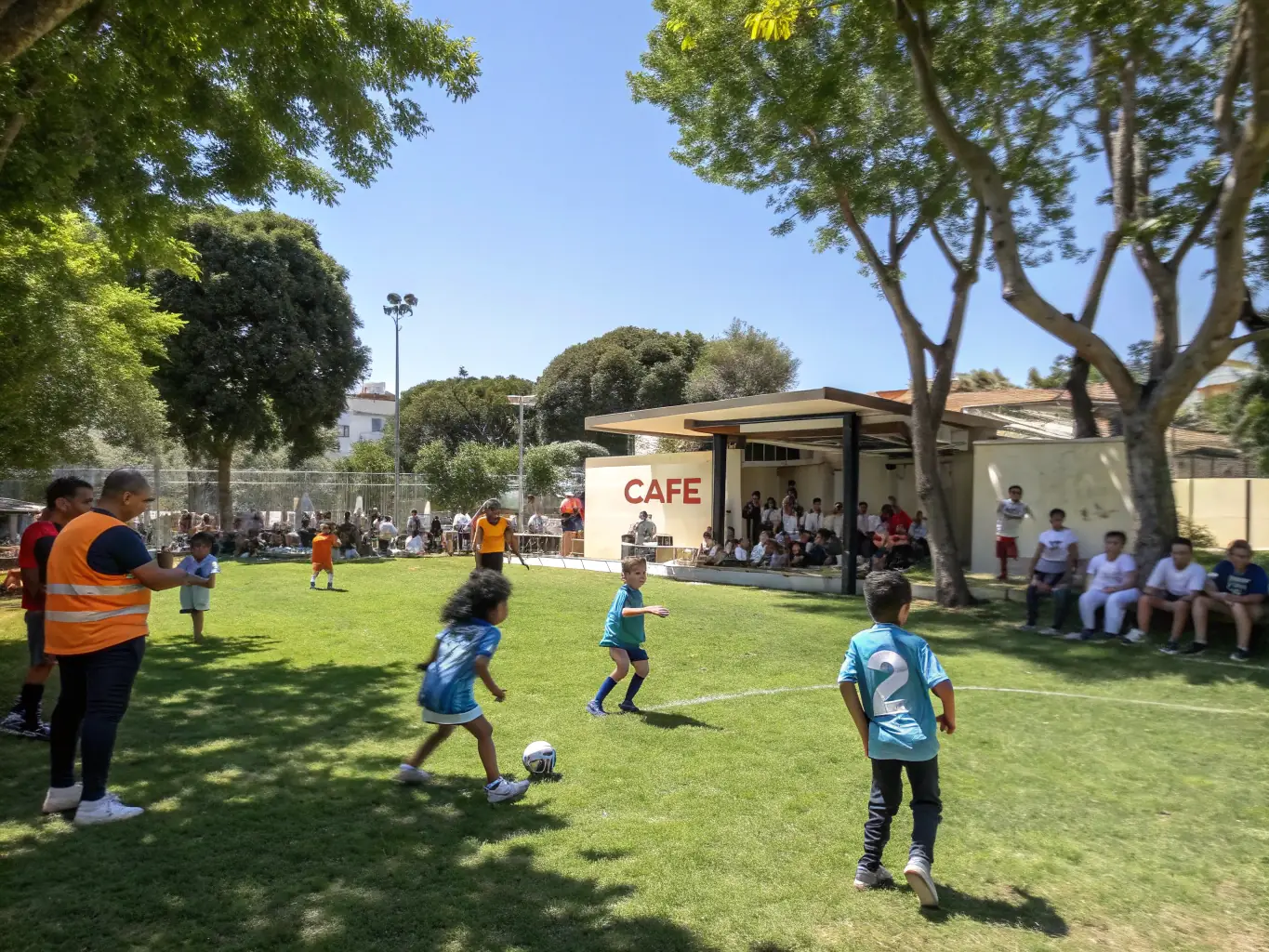 A vibrant image depicting a group of children playing soccer in a local park, showcasing the association's sports program for youth. The scene should convey energy, teamwork, and community spirit.