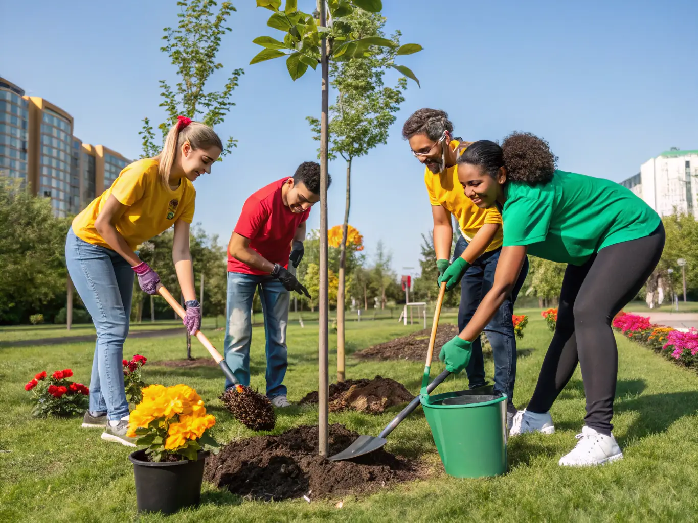 A group of volunteers from ASSO SPORT ET CULTURE LA GILLES DE RETZ planting trees in a local park, demonstrating the association's commitment to environmental sustainability and community beautification.