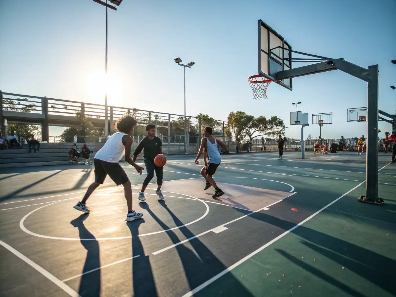 A dynamic image of adults engaged in a basketball match, highlighting the energy and competitive spirit of the adult sports league.