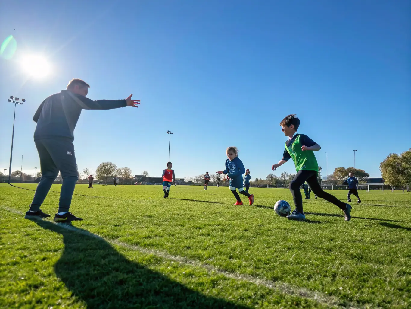 A vibrant image showcasing children participating in a soccer game, with coaches and parents cheering from the sidelines, emphasizing the community aspect of the sports program.