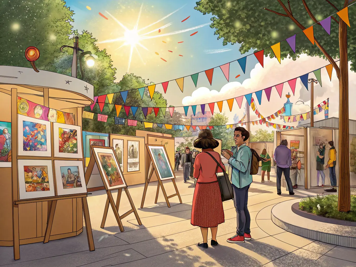 A colorful image depicting participants at an art exhibition, showcasing various artworks and cultural displays, emphasizing the creativity and cultural richness of the event.