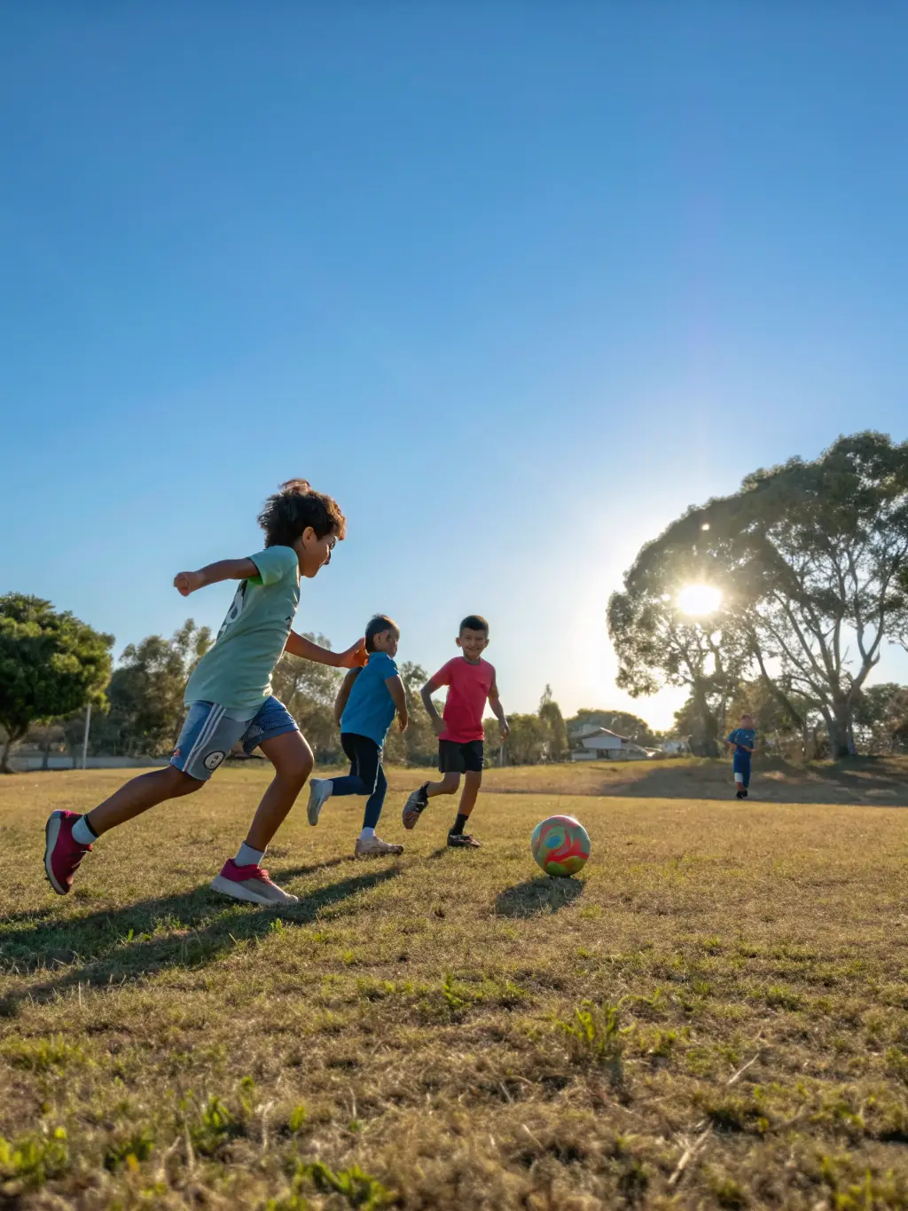 A dynamic image of children participating in a soccer game, showcasing the energy and teamwork fostered by the association's sports programs.
