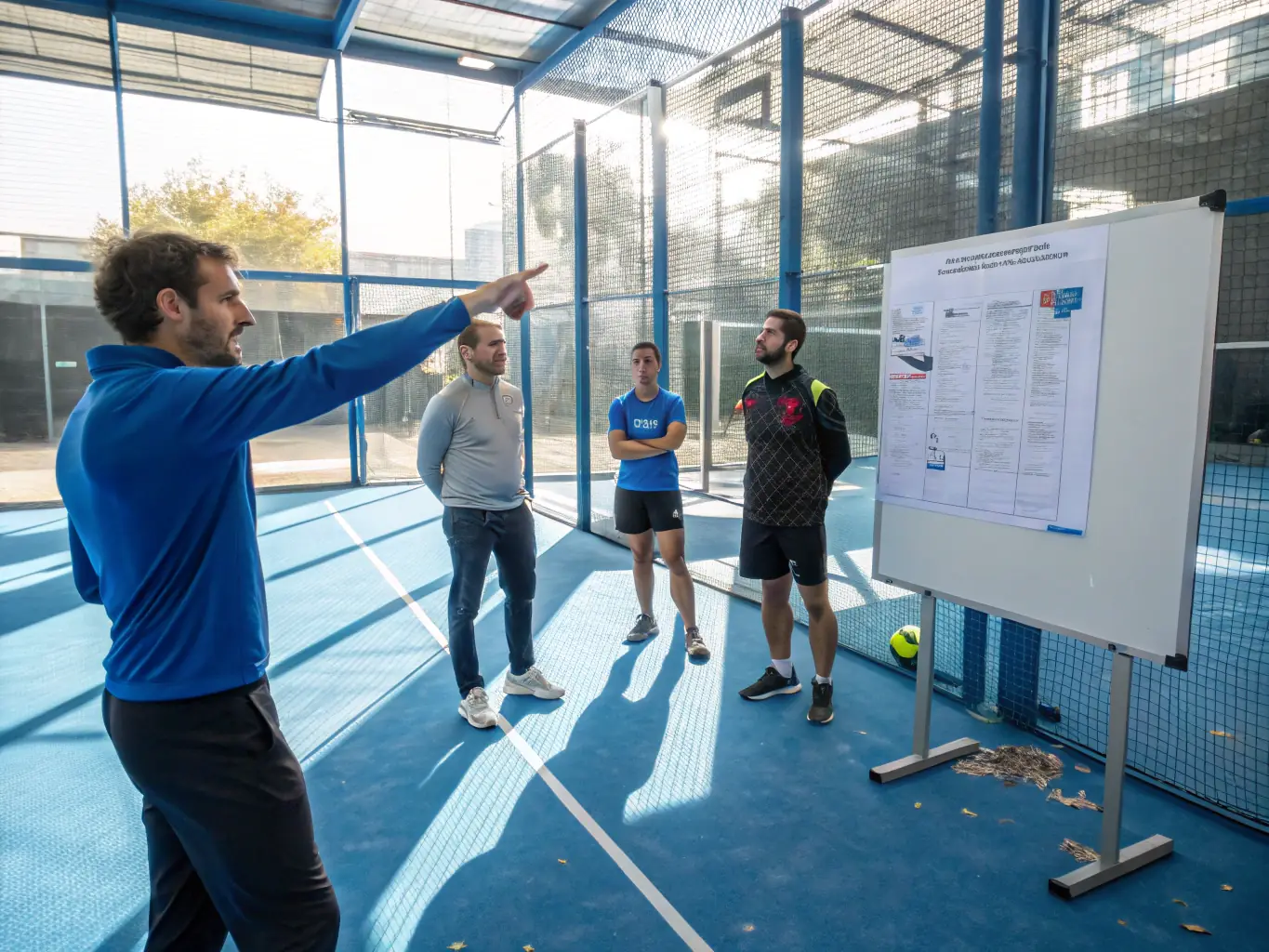 A coach instructing a group of volunteers on proper training techniques, emphasizing the importance of quality instruction and community engagement.