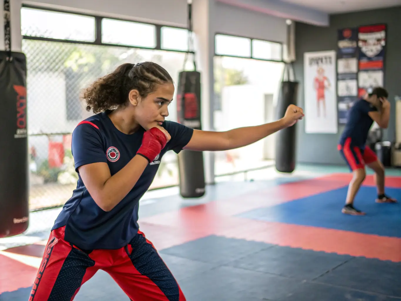 A woman demonstrating a self-defense technique during a workshop, highlighting the practical skills taught in the women's self-defense program.