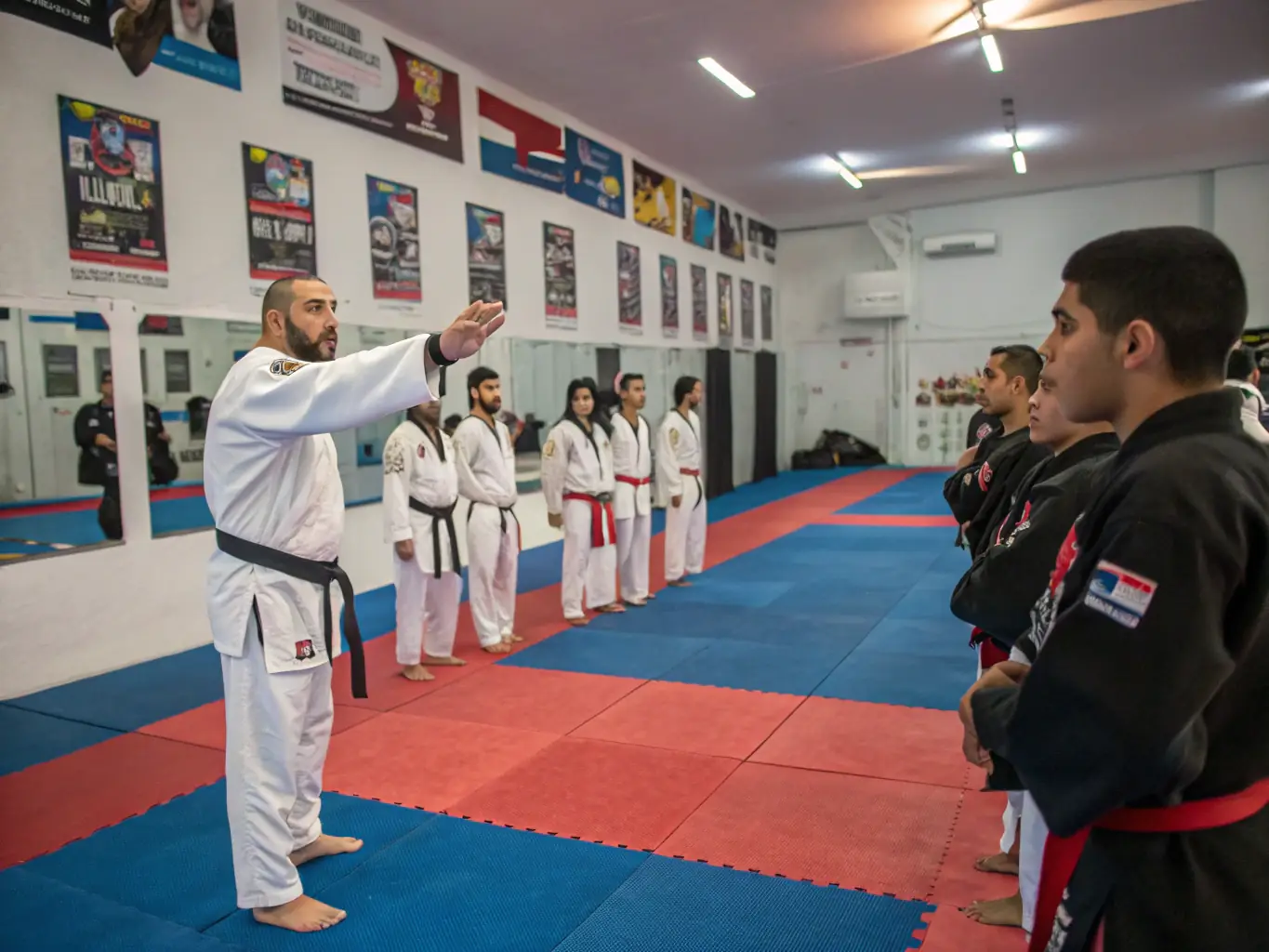 A coach instructing a group of volunteers on taekwondo techniques and training methodologies in a well-equipped training facility.