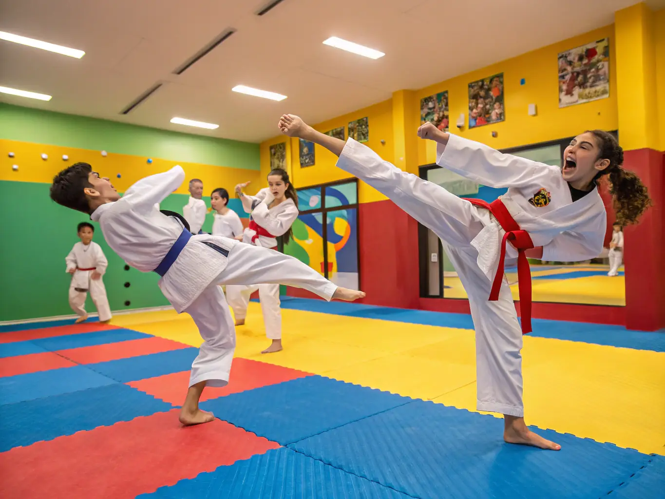 A group of children in taekwondo uniforms practicing basic stances under the guidance of an instructor, showcasing the beginner level program.