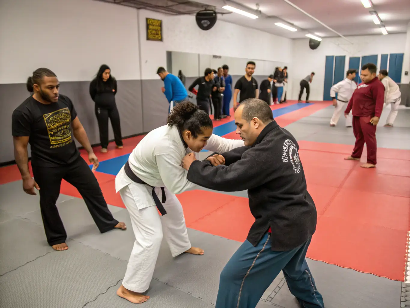 A focused image of a female instructor guiding a group of women through self-defense techniques, highlighting the empowerment and confidence gained through these specialized workshops.