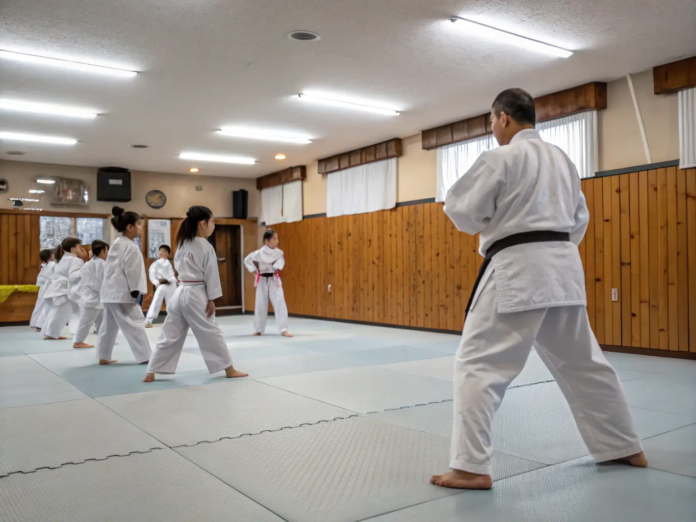 A group of children in white taekwondo uniforms practicing basic stances under the guidance of an instructor in a dojang with colorful mats.